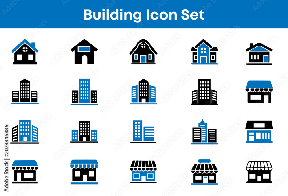 Fototapeta premium Professional Building and Architecture Icon Set: Vector UI Symbols for Real Estate, Construction, Business, and City Infrastructure Design