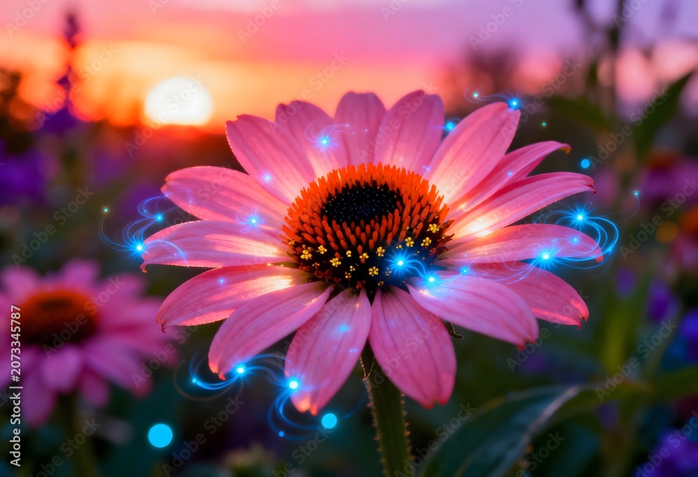 Obraz premium Magical Pink Flower at Sunset with Glowing Blue Light Trails and Fireflies