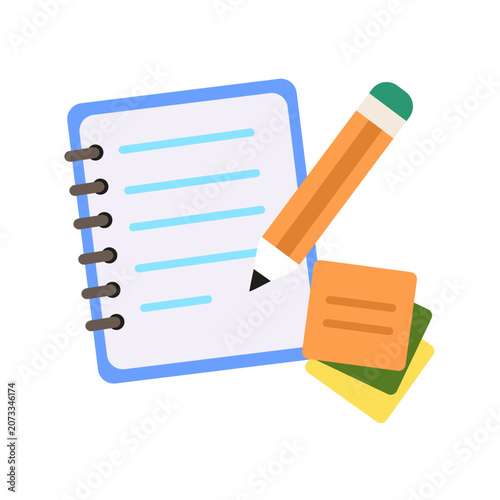 Flat notebook icon with pencil and sticky notes. Colorful education, writing, planning and stationery illustration for school, office and productivity concepts.