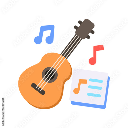 Colorful flat acoustic guitar icon with music notes and sheet. Creative musical instrument illustration for entertainment, education, performance and hobby concepts.