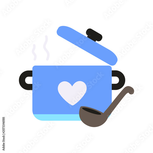 Cute flat cooking pot icon with steam, lid and ladle. Colorful kitchen cookware illustration for cooking, homemade meals, recipes and food preparation concepts.