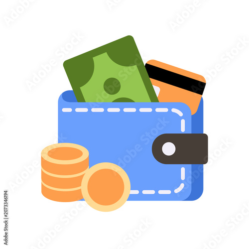 Flat wallet icon with cash, credit card and coins. Colorful personal finance, payment, savings and money management illustration