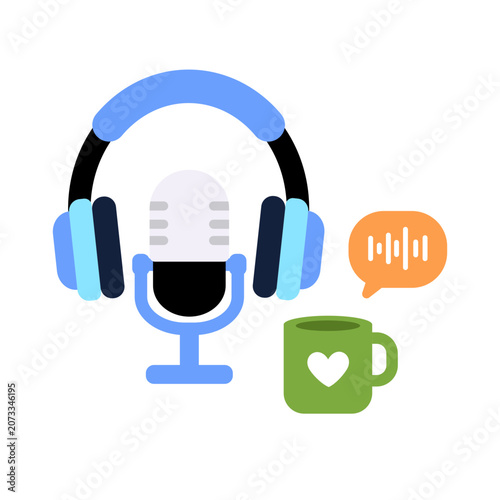 Modern flat podcast icon with microphone, headphones, speech bubble and coffee mug. Colorful audio broadcasting, streaming and recording illustration isolated on white.