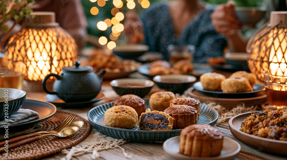 Fototapeta premium Intimate Mid Autumn Festival family dinner table with mooncakes, tea and warm lantern light cozy lifestyle photography