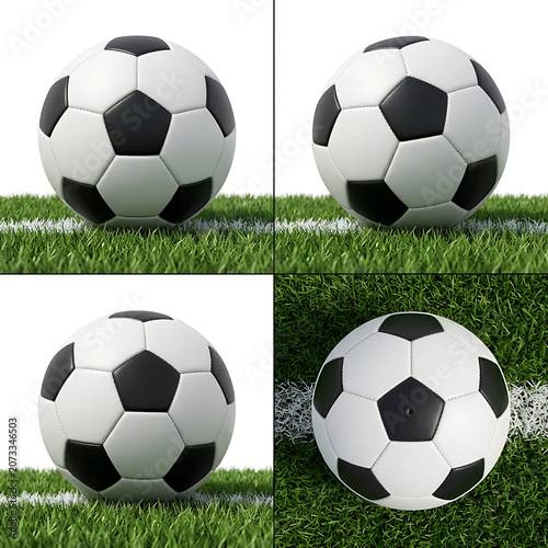 Classic soccer balls resting on artificial green grass with white field lines football recreation