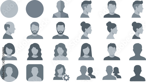 Photos User Profile Avatar Icon Set with Male and Female Silhouettes Headshots and Team