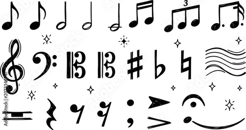 Classical Music Notes and Notation Icon Set with Clefs Accidentals Rests Staff Lines and Sparkle Doodle Elements