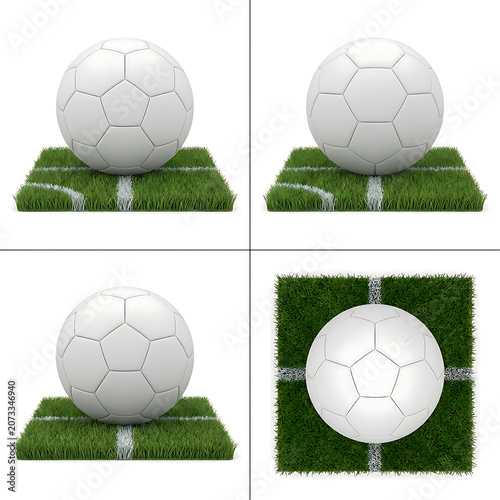 Set of white soccer balls on small square patches of synthetic grass turf isolated on white background