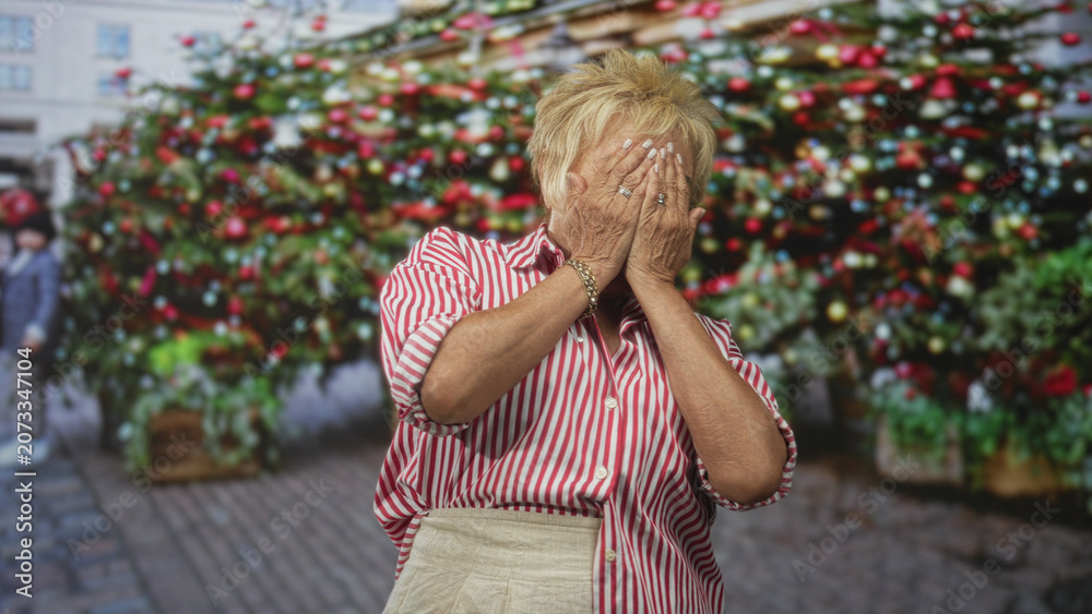 Fototapeta premium Senior hispanic woman covers mouth with hands in street by a large decorated christmas tree and ornaments; surprise nostalgia.