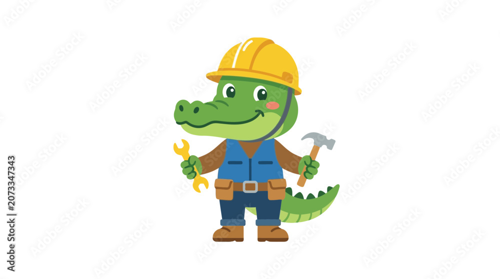 Obraz premium Cute Cartoon Alligator Builder with Tools, Hammer and Wrench, Wearing Hard Hat