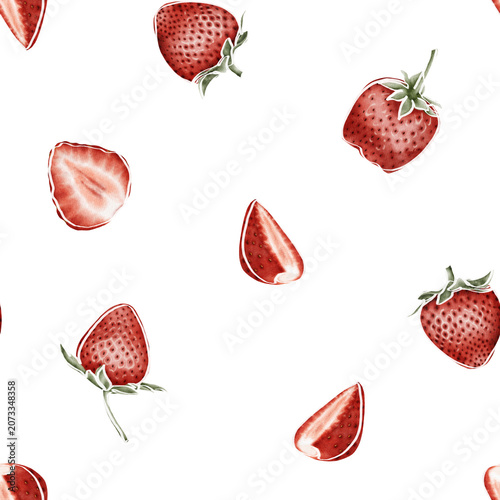 Hand painted watercolor seamless pattern featuring ripe strawberries, strawberry slices, and delicate strawberry blossoms . for fabric printing, packaging, wrapping paper, stationery, wallpaper, scrap
