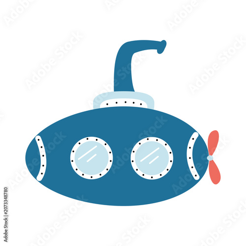 Foto Marine submarine vessel with periscope and red propeller for summer beach vacation on white background