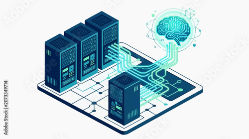 Isometric artificial intelligence concept with server racks and digital neural network brain