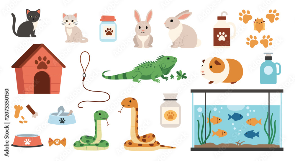 Naklejka premium Diverse collection of pets including cats, rabbits, reptiles, and fish along with essential pet care supplies and food.