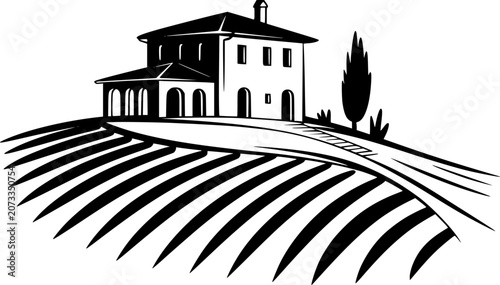 Fotografie Black and white of a traditional italian villa house situated on a rolling viney