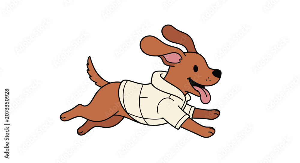 Obraz premium Energetic brown dog wearing a white shirt running happily with its ears flying and tongue out on a clean white background.
