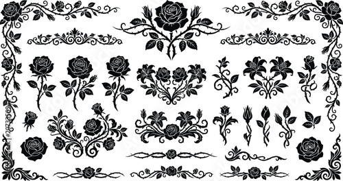 Cuadro en lienzo Blooming roses tattoo style gothic floral border bundle with decorative scrolls vector, vintage baroque frame set, ornate fine line filigree divider collection