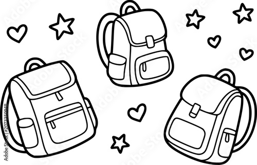 Canvas-taulu Cute hand-drawn coloring page featuring three school backpacks surrounded by dec