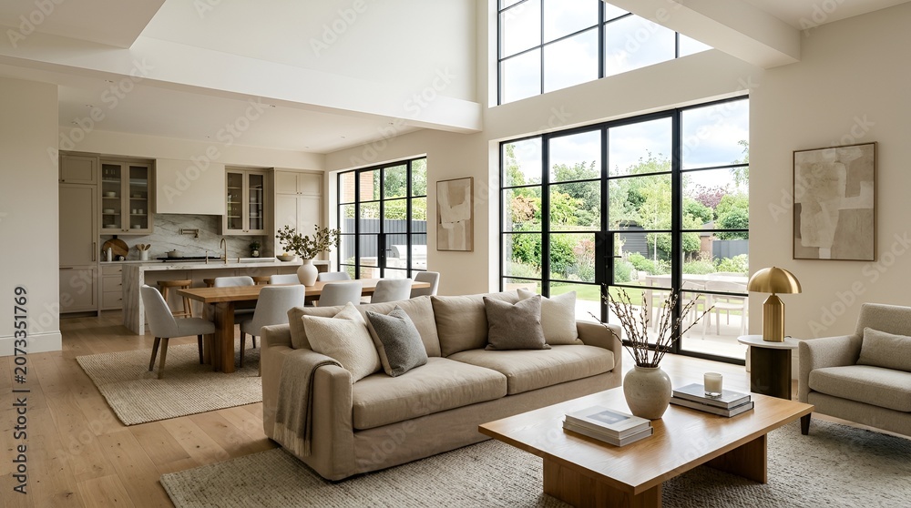 Fototapeta premium Modern open plan living room and kitchen with high ceilings and large windows