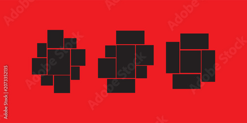Mood board or photo collage template set. Black mosaic art grid arrangement. Picture frame composition portfolio collection. Wall gallery layout design for presentation, poster, mockup, banner. Vector