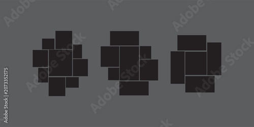 Mood board or photo collage template set. Black mosaic art grid arrangement. Picture frame composition portfolio collection. Wall gallery layout design for presentation, poster, mockup, banner. Vector