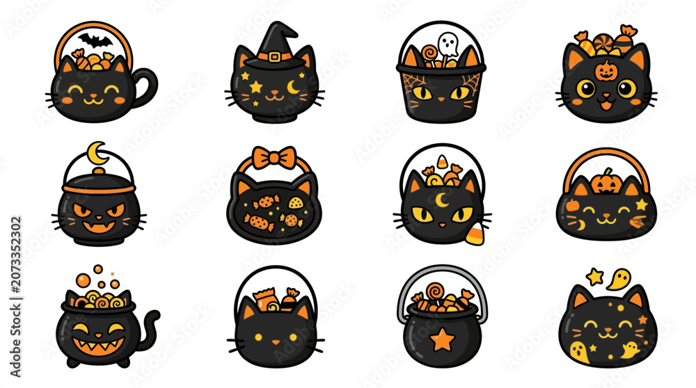 Obraz premium Halloween black cats with orange eyes and accessories in trick-or-treat buckets and teacups, yu (70) festive.