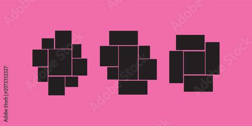 Mood board or photo collage template set. Black mosaic art grid arrangement. Picture frame composition portfolio collection. Wall gallery layout design for presentation, poster, mockup, banner. Vector