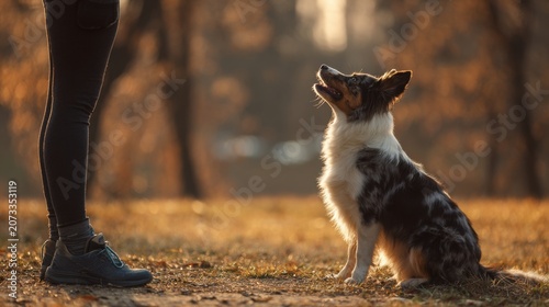 Dog looking up attentively at trainer in a park during golden hour