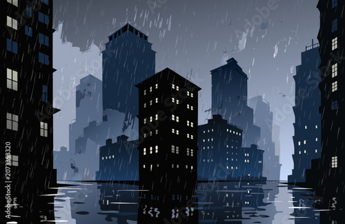 Cityscape during heavy rain with illuminated reflecting on wet streets