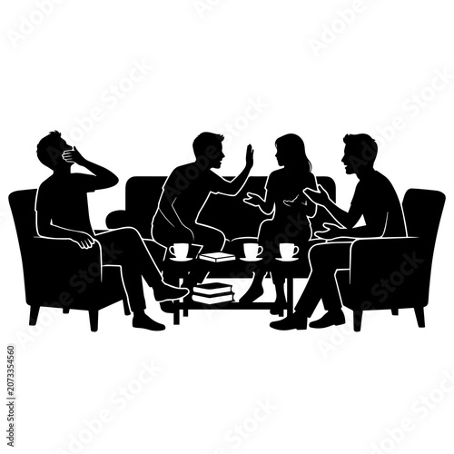 Photos Group of friends having coffee and chatting on a sofa silhouette illustration