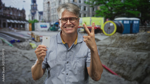 Obraz na plátně Man holding creditcard in right hand while pumping fist and smiling broadly on a city street; triumph