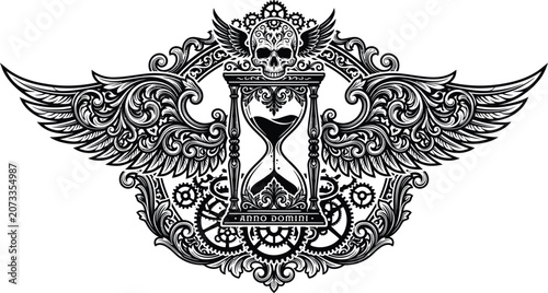 Obraz na płótnie Ornate gothic filigree label with winged sand timer and clock gears vector, vintage memento mori emblem, dark steampunk frame ornament design