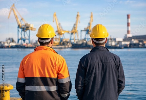 Industrial workers wearing safety helmets observe cargo vessel operations at busy port, featuring cranes, logistics infrastructure, maritime transport, engineering, trade, and commerce