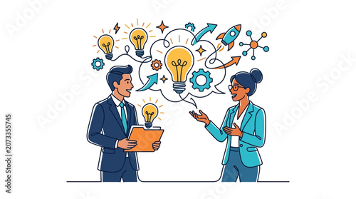 Business Team Brainstorming Ideas, Innovation and Strategy with Lightbulbs and Rocket