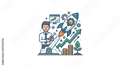 Businessman launching rocket for business growth and success, startup concept
