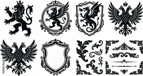 Canvas Print Medieval royal crest and coat of arms asset collection with shield frames and filigree vector, vintage heraldic emblem, majestic king crown luxury design