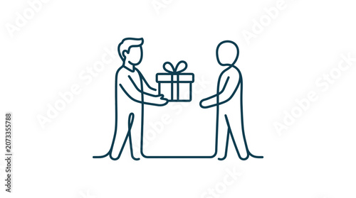 Giving a Gift Icon: Man Handing Present Box to Another Person, Line Art