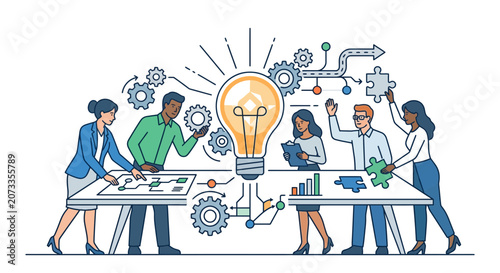 Diverse team collaborating on a new idea with a glowing lightbulb and gears