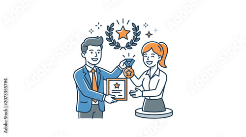 Man awards woman with medal and certificate, achievement concept illustration