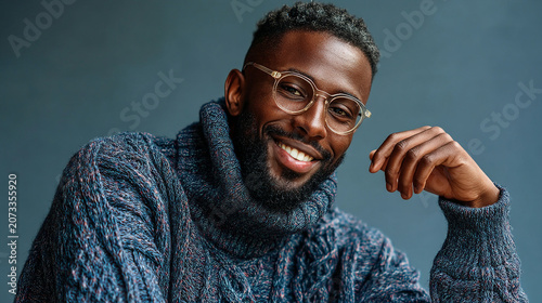 Portrait of a stylish black man wearing glasses and a cozy blue knit sweater