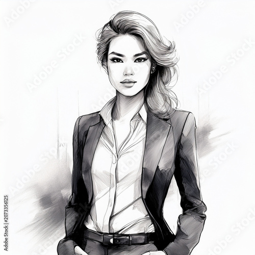 Business woman standing wearing a suit black and white sketch