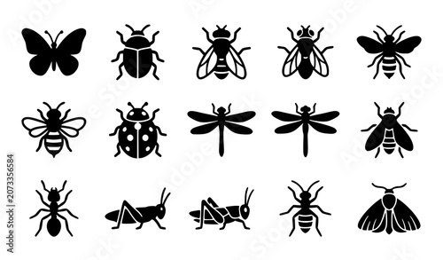 Bild auf Leinwand Insect Filled Icon Set with Butterfly Beetle Fly Bee and Bug Silhouettes Vector