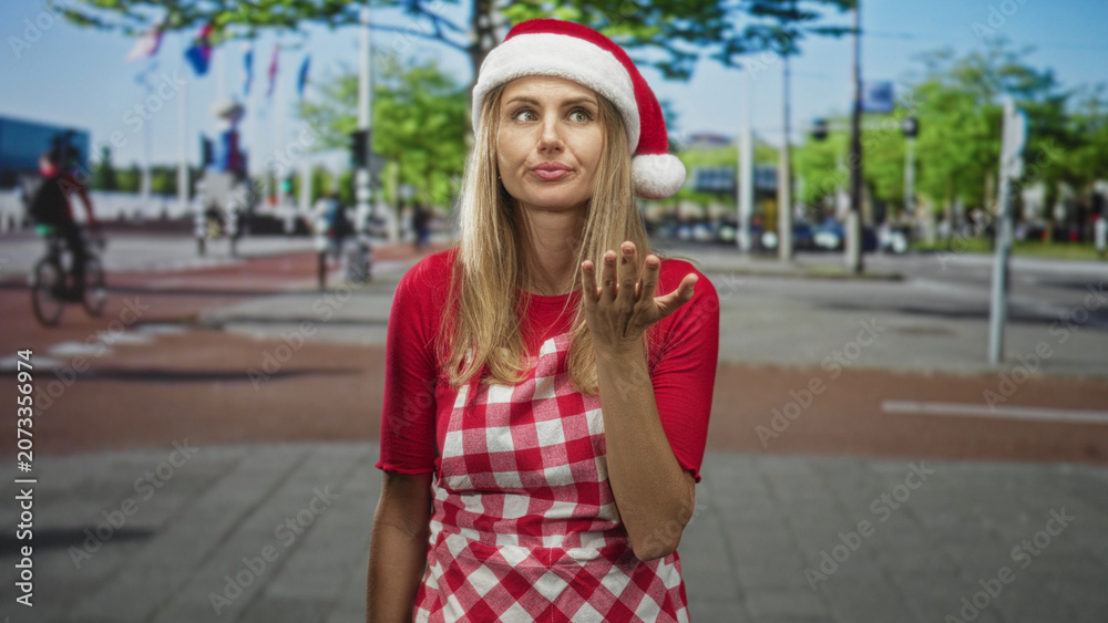 Fototapeta premium Woman in santa hat and checkered apron, hand to mouth for yawn while standing on busy street with cyclists; tired holiday moment.