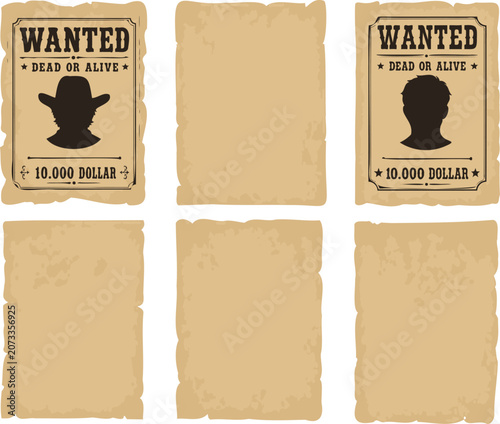 Old western wanted dead or alive poster set with vintage blank paper scrolls