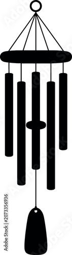 Black silhouette of a hanging wind chime with five cylindrical metal tubes