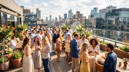 Rooftop party crowd social gathering blurred background city skyline summer event networking outdoor bar cocktail hour lifestyle urban celebration