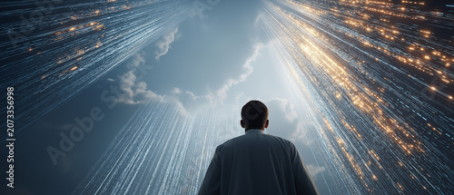 Ascension into Digital Sky: A solitary figure gazes upward into a celestial expanse, composed of luminous data streams and clouds, symbolizing the future of technology and human connection.