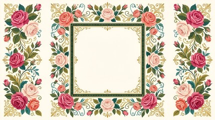 Elegant Floral Frame Border with Roses, Leaves, and Ornate Swirls - Vintage Design