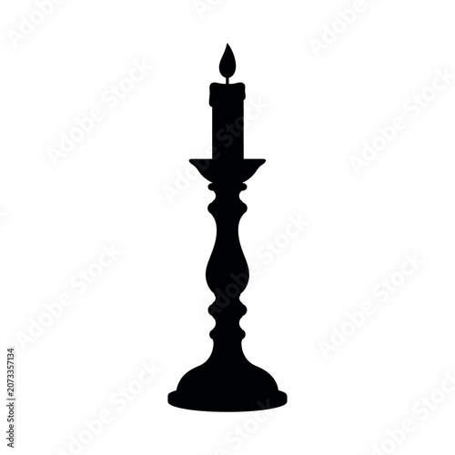 Black silhouette of a single lit candle in a holder on a white background