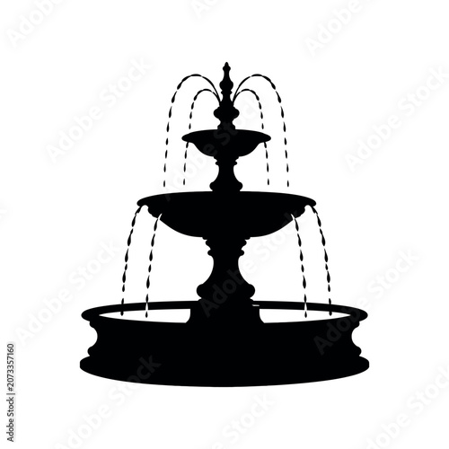 Black silhouette of a three tiered garden fountain on a white background